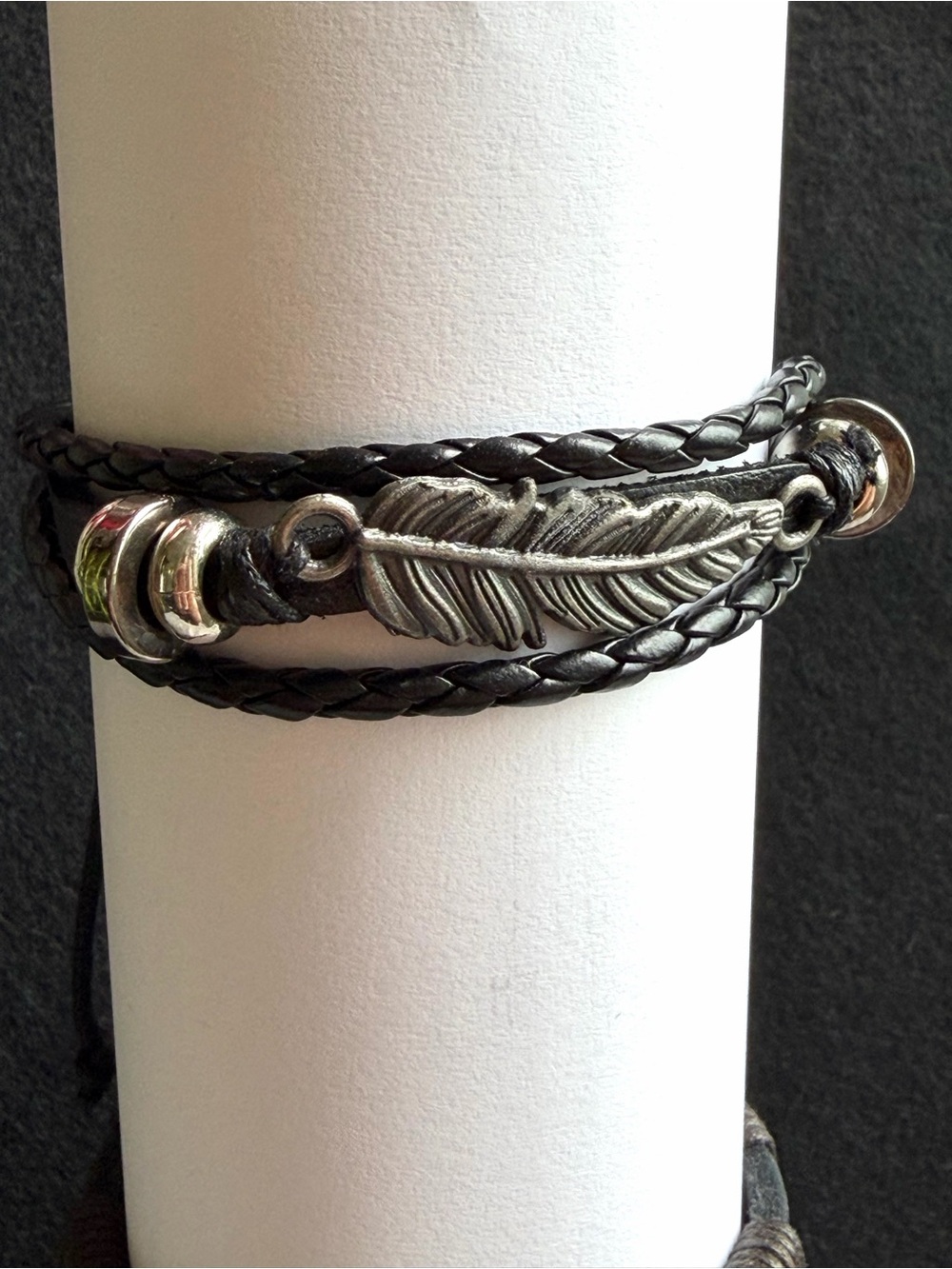 Black Braided Feather Bracelet Adjustable Boho Faux Leather Unisex